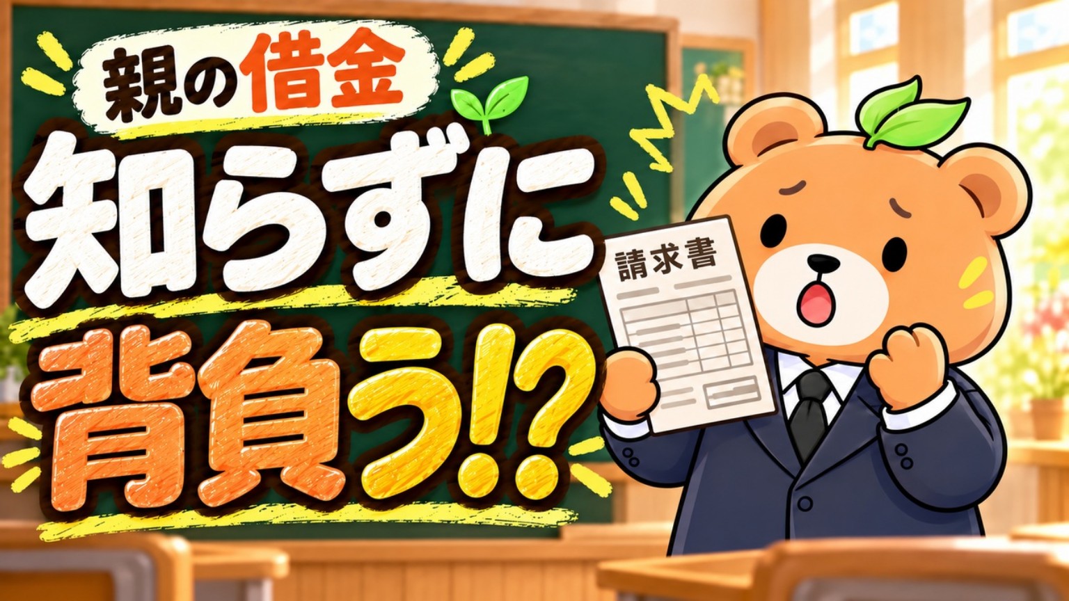 親の借金を知らずに背負う可能性を、請求書を持ったおくり先生が紹介するアイキャッチ