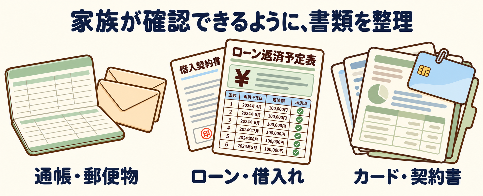 家族が確認できるよう、通帳・郵便物、ローン・借入れ、カード・契約書を整理する