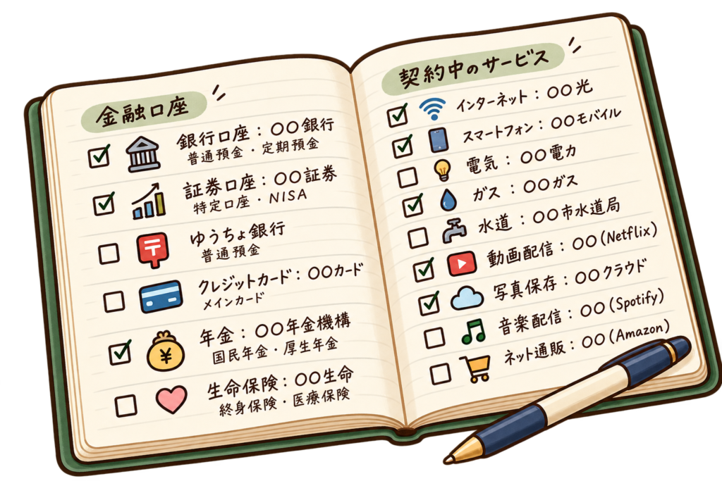 銀行や契約中のサービス名をノートに一覧で整理する例