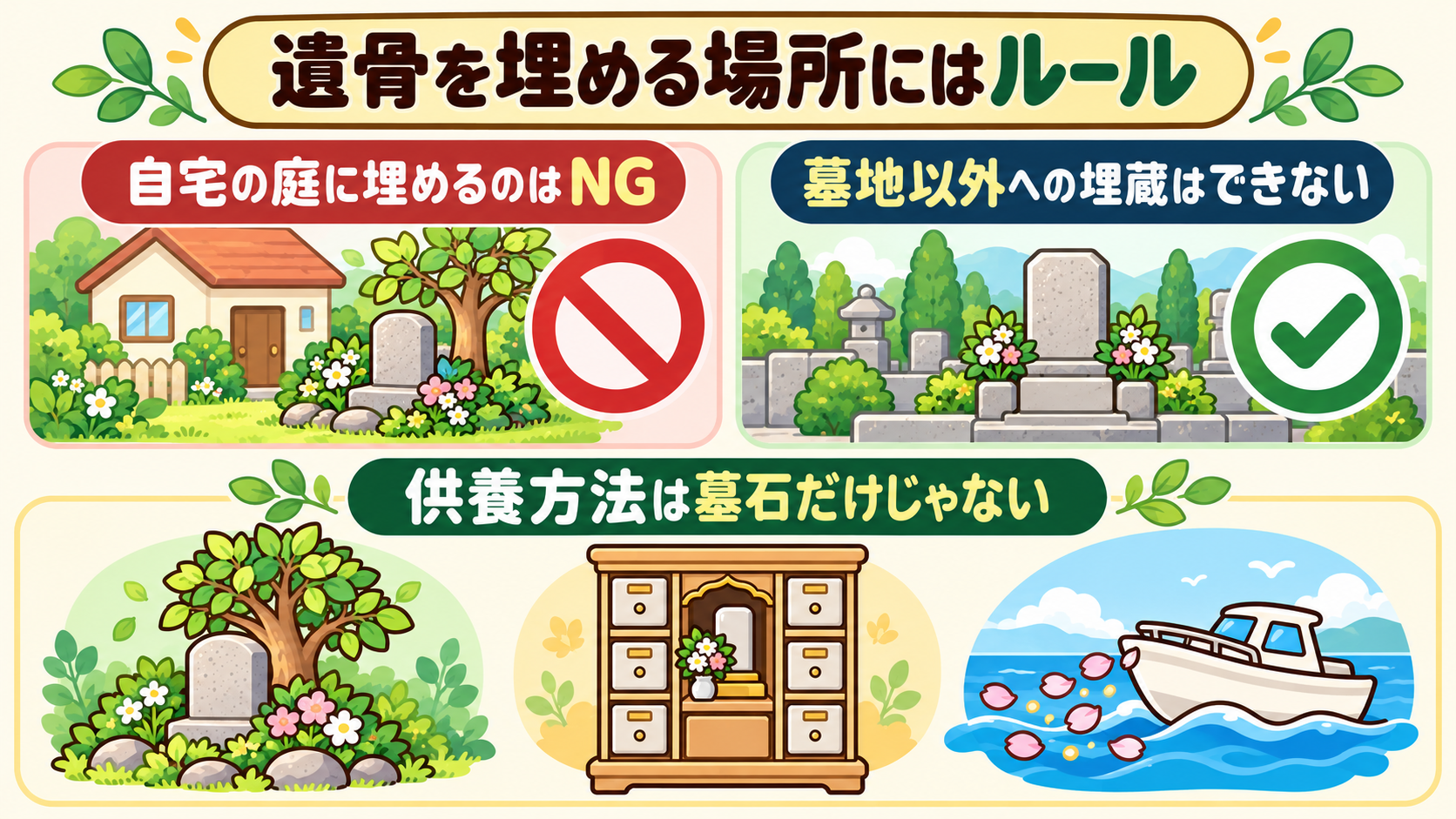 遺骨を埋める場所にはルールがあり、墓石のお墓以外にも供養方法があることを示す図解