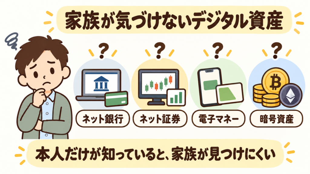 ネット銀行や証券、電子マネーなど、家族が気づきにくいデジタル資産の例