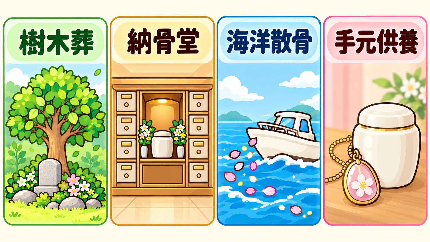 樹木葬、納骨堂、海洋散骨、手元供養の4つの方法を並べた図解