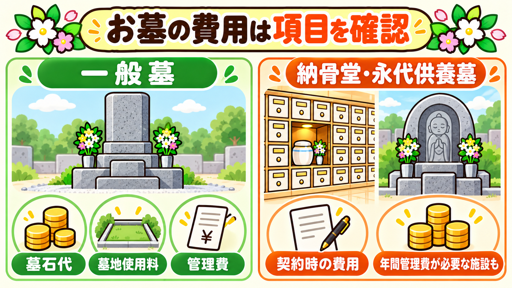 墓石代や使用料、管理費など、お墓や納骨施設で確認したい費用の図解